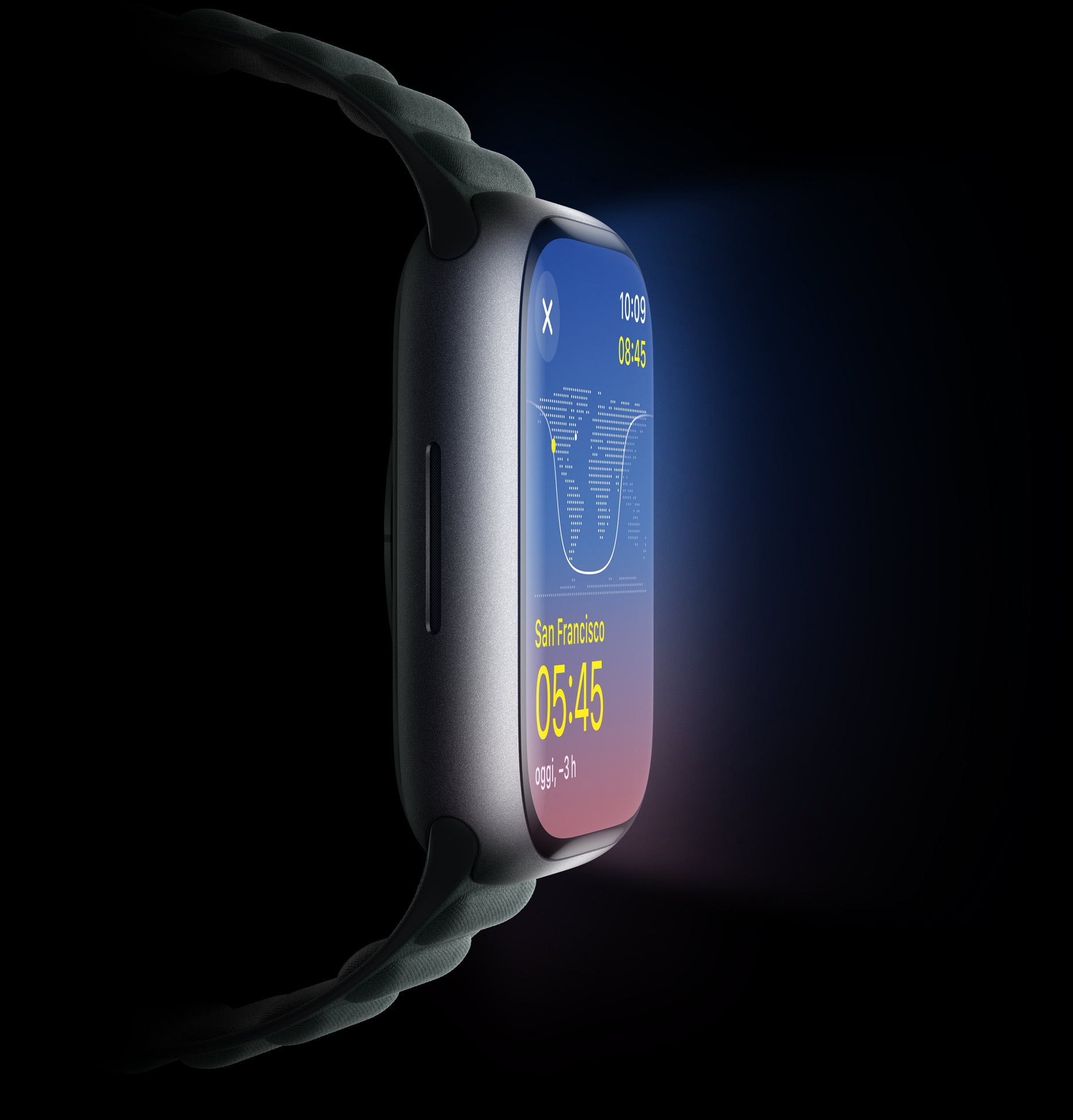 Vista laterale di un Apple Watch che mette in evidenza la luminosità del display.