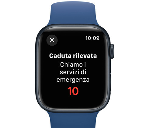 Vista frontale di un Apple Watch con il messaggio che avvisa che chiamerà i servizi di emergenza entro 10 secondi.