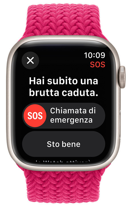 Vista frontale di un Apple Watch con la funzione SOS emergenze.