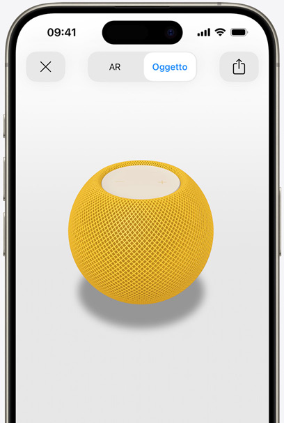 Schermo di un iPhone con vista in realtà aumentata di un HomePod mini giallo.