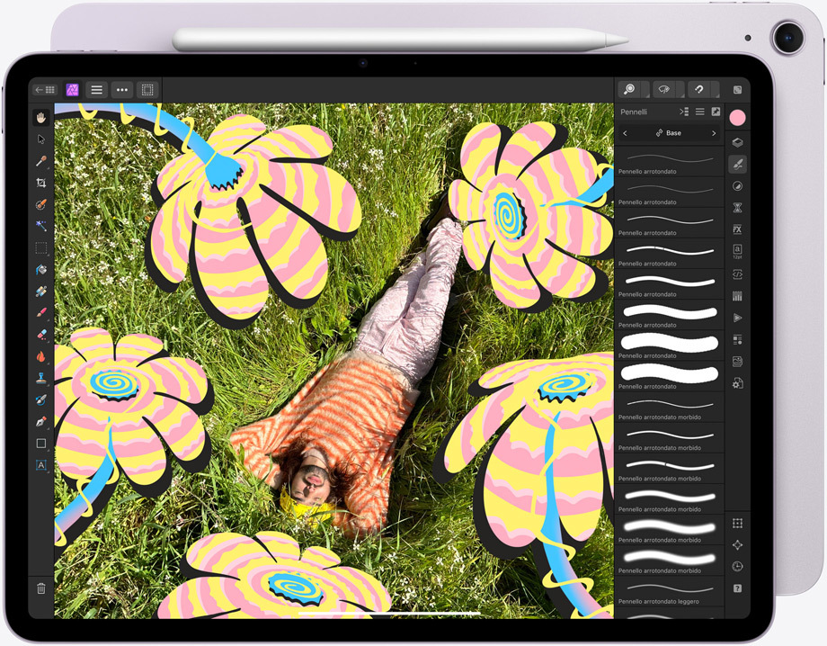 Un iPad Air in orizzontale con una foto dai colori brillanti che viene ritoccata sullo schermo