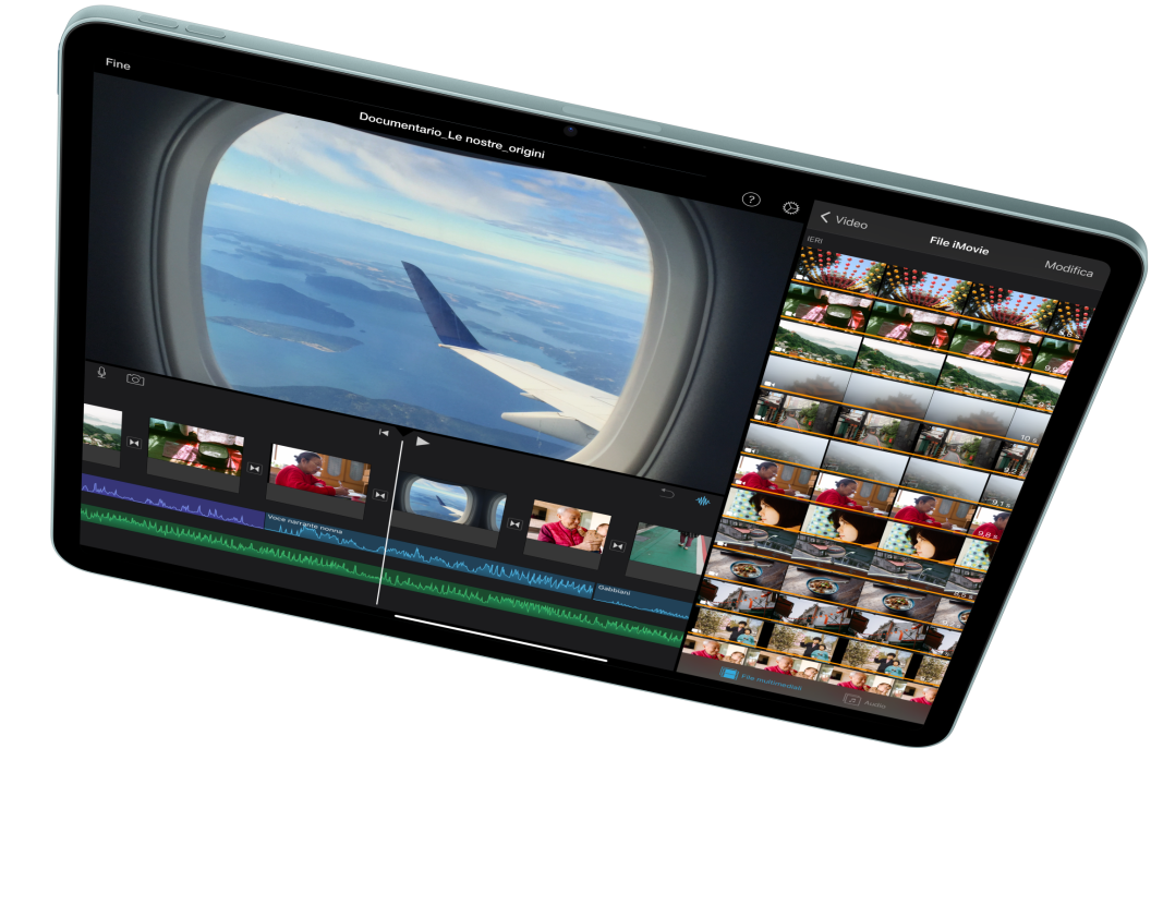Un iPad Air in orizzontale che cade dall’alto, sullo schermo c’è un video che viene modificato in iMovie