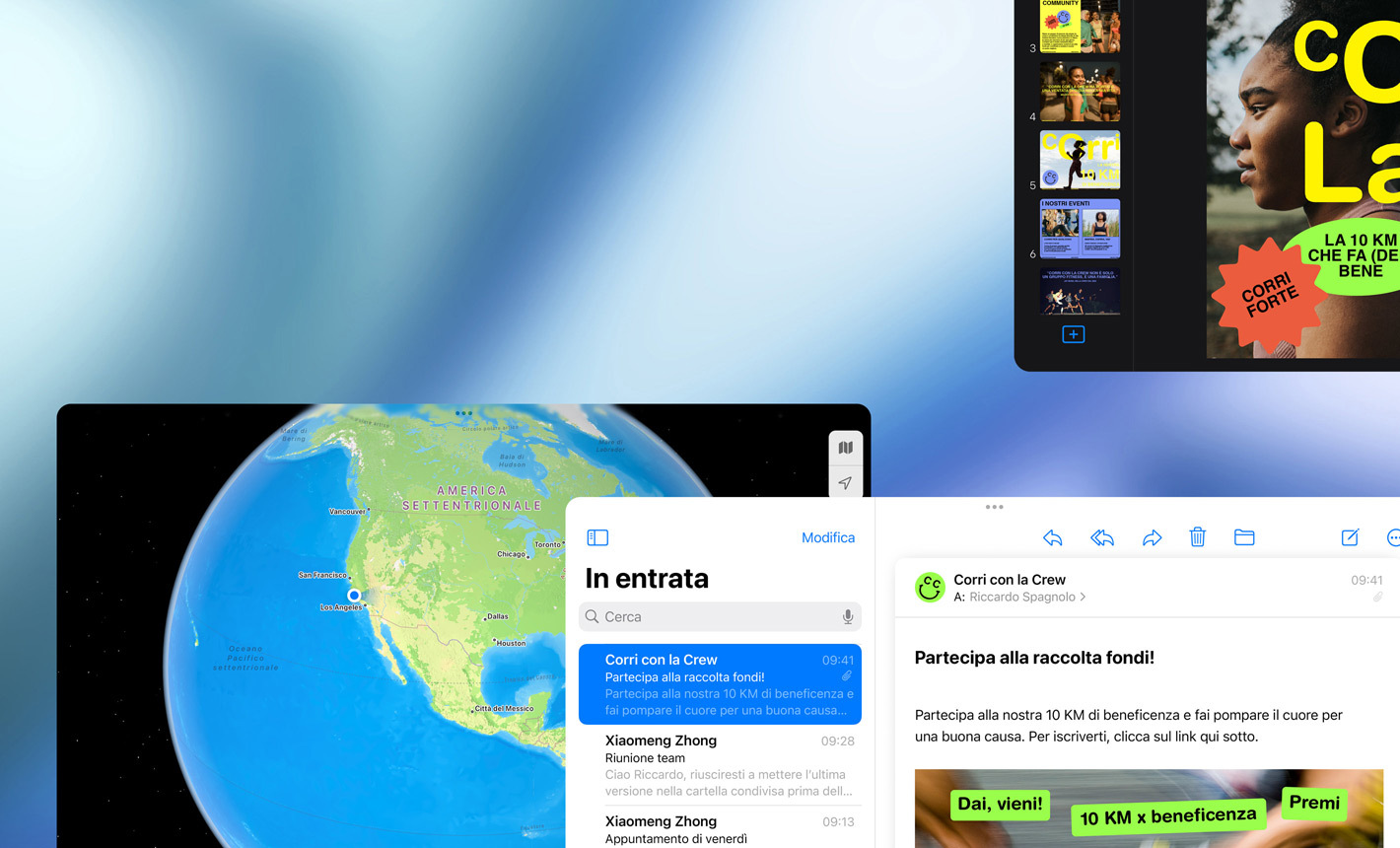 Varie schermate in orizzontale con diverse app aperte