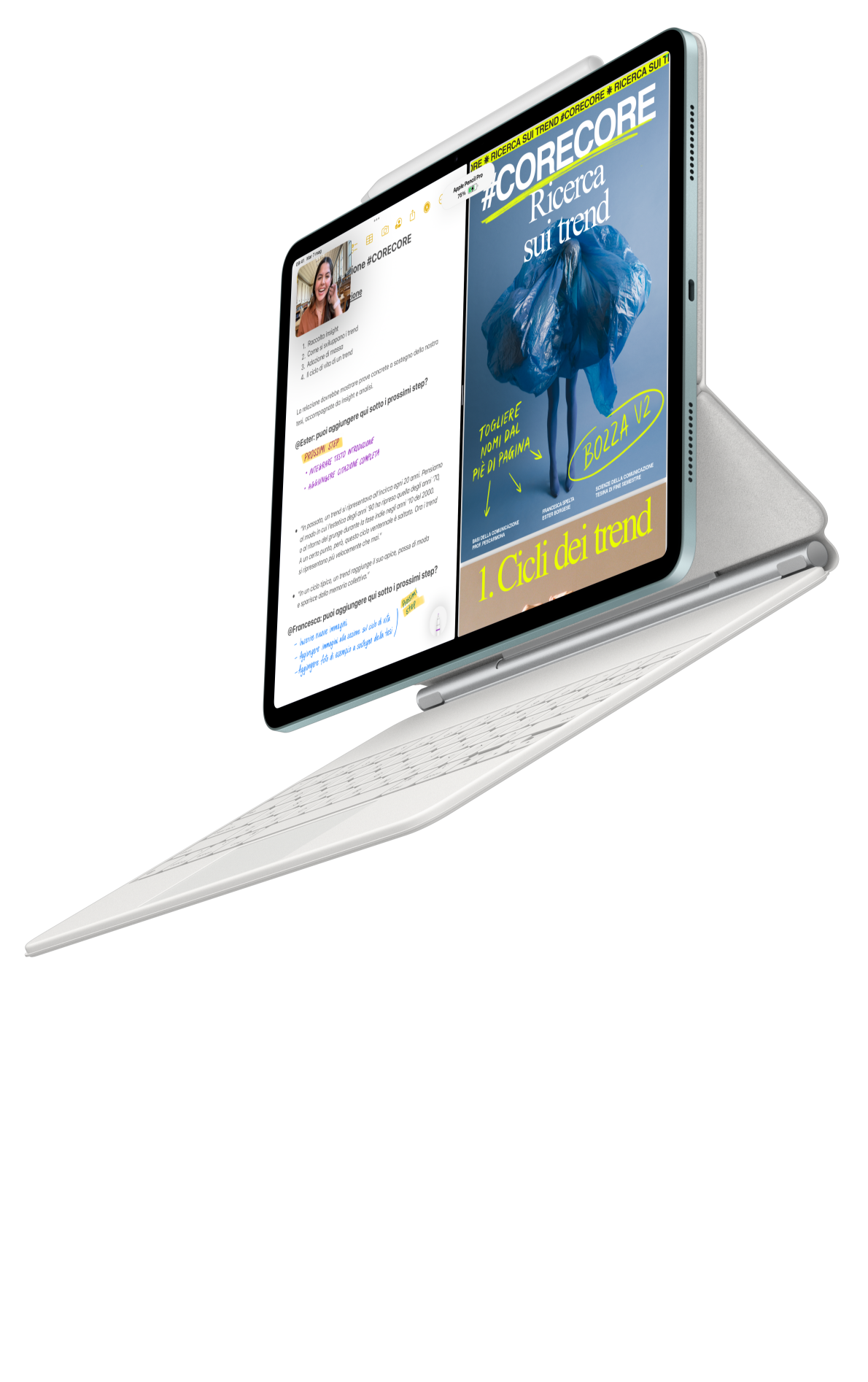 Un iPad Air che si aggancia a una Magic Keyboard e a una Apple Pencil Pro