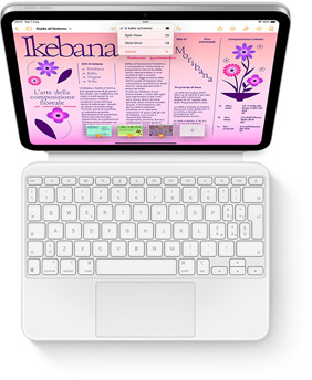 Un iPad visto dall’alto con una Magic Keyboard Folio bianca.