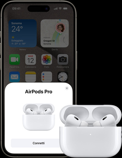 Un iPhone 15 Pro che riproduce della musica con accanto un paio di AirPods Pro