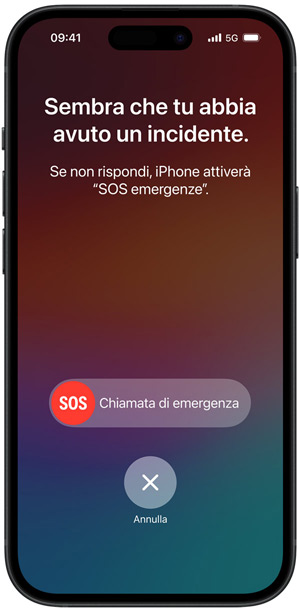 Una schermata della funzione Rilevamento incidenti che mostra il messaggio “Sembra che tu abbia avuto un incidente. Se non rispondi, iPhone attiverà SOS emergenze.”