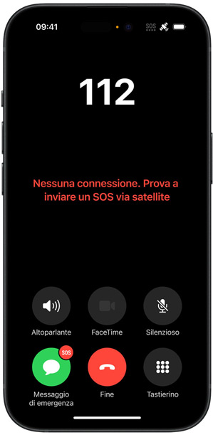 Un iPhone che mostra il messaggio “Nessuna connessione. Prova a inviare un SOS via satellite.”