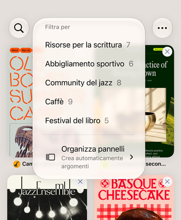 Il browser Safari su iPhone che mostra il menu Filtro con categorie come Risorse di scrittura, Abbigliamento sportivo, Jazz Community, Caffè e Book Festival, con l’opzione Organizza automaticamente selezionata