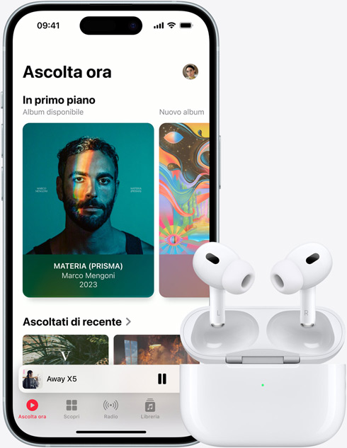 An image of iPhone 15 playing a track through Apple Music, sits next to a pair of AirPods.
