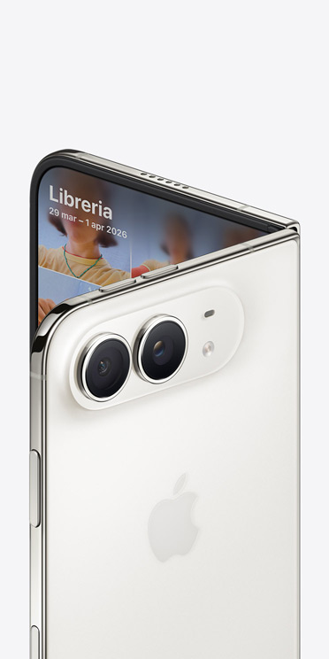 iPhone Duo, Star White color, complete back exterior, Apple logo in center, 48MP Dual Fusion camera system, partial front interior, photo library displayed on screen