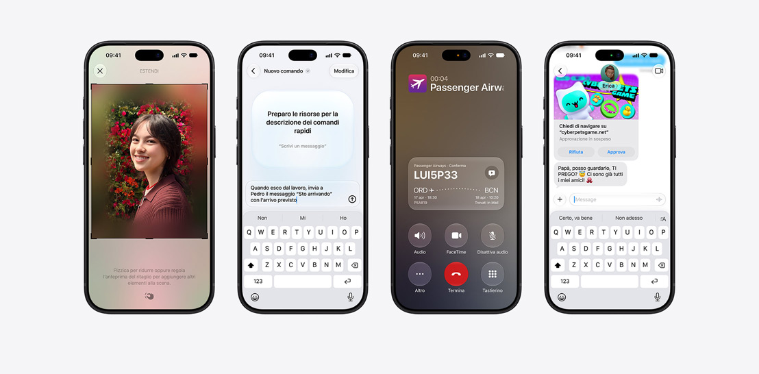 Una serie di iPhone 17 e iPhone 17 Pro, ognuno con una schermata diversa per mettere in evidenza le funzioni di iOS 26 e Apple Intelligence