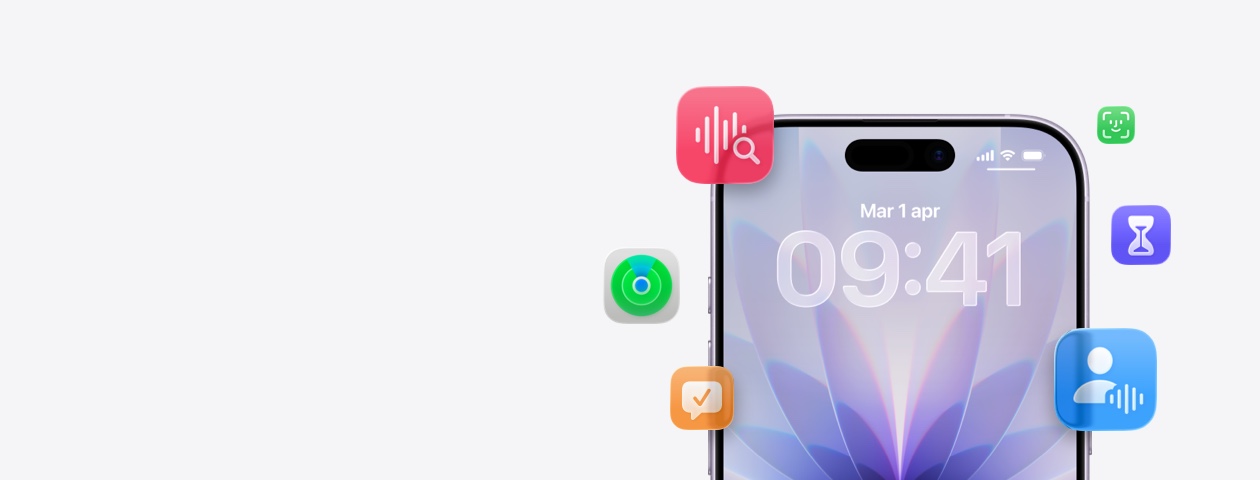 Un iPhone circondato da varie funzioni integrate di Apple