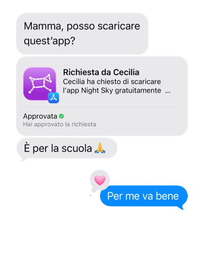 Una conversazione tra una bambina e un genitore, con la bambina che chiede di scaricare l’app Night Sky dall’App Store per la scuola.