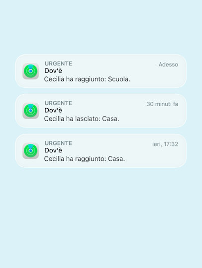 Su un iPhone, alcune notifiche dell’app Dov’è segnalano i movimenti di una famiglia con frasi come “Cecilia è arrivata a scuola”, “Cecilia è uscita di casa”, “Cecilia è arrivata a casa”