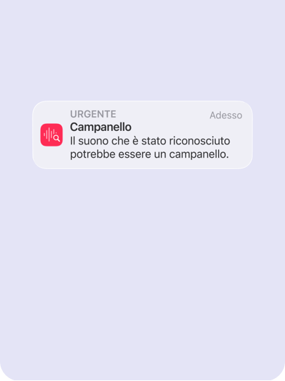 Una notifica di avviso su un iPhone indica è stato riconosciuto un suono che potrebbe essere un campanello in base al suono in tempo reale