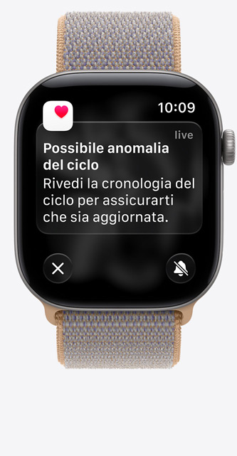 Apple Watch Series 12, cassa in alluminio grigio siderale, il display mostra Monitoraggio ciclo nell’app Salute, notifica di possibile anomalia del ciclo, cinturino Sport Loop blu Chambray (grigio-azzurro)