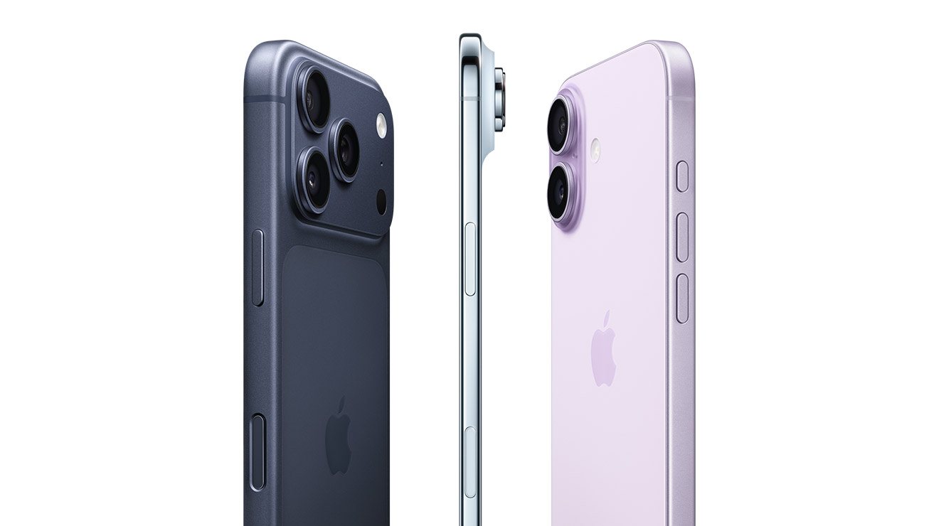 ディープブルーのiPhone 17 Proの背面の外観。Proのカメラシステムが上部の全体に広がっている。チタニウム製のiPhone Airの非常に薄い側面。ラベンダーのiPhone 17の背面の外観。左上の角に先進的なデュアルカメラシステムがある