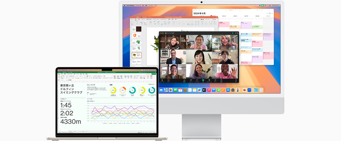 Microsoft Excelを表示しているMacBook Airと、Zoom、カレンダー、Microsoft Powerpointを表示しているiMacを正面から見た図。
