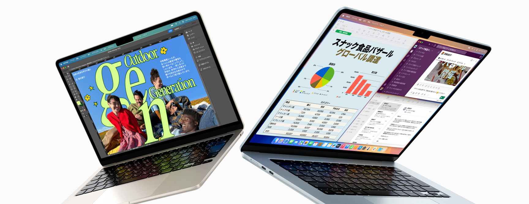 半分開いた状態の13インチと15インチMacBook Airの前面。シルバーとスターライトのカラー。ディスプレイサイズの違いがわかる。