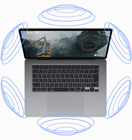 MacBook Airを上から見た図。ムービー再生中に動作する空間オーディオを示すイラストが描かれている