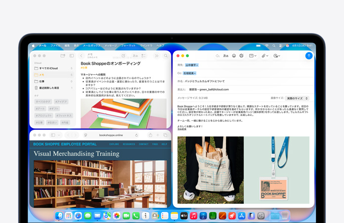 インディゴのMacBook Neoの画面に、書店の新入社員宛のウェルカムEメールを作成している様子が表示されている。タイル表示されたほかのウインドウには、オンボーディングに関するメモと、Safariで開いた書店の従業員向けポータルウェブサイトが表示されている