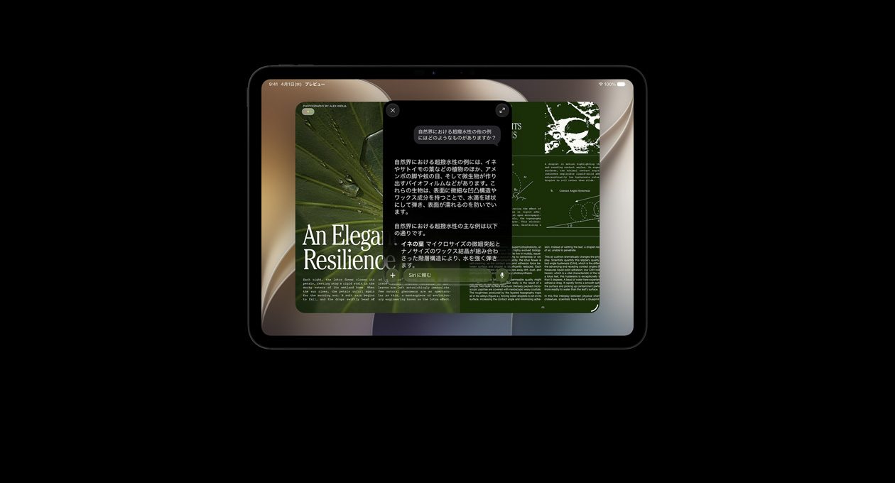 スペースブラックの11インチiPad Pro。画面に、あるトピックに関するSiri AIへの質問の検索結果が表示されており、その上に検索結果に関するさらなるSiri AIへの質問と、Siriからの回答が重なっている