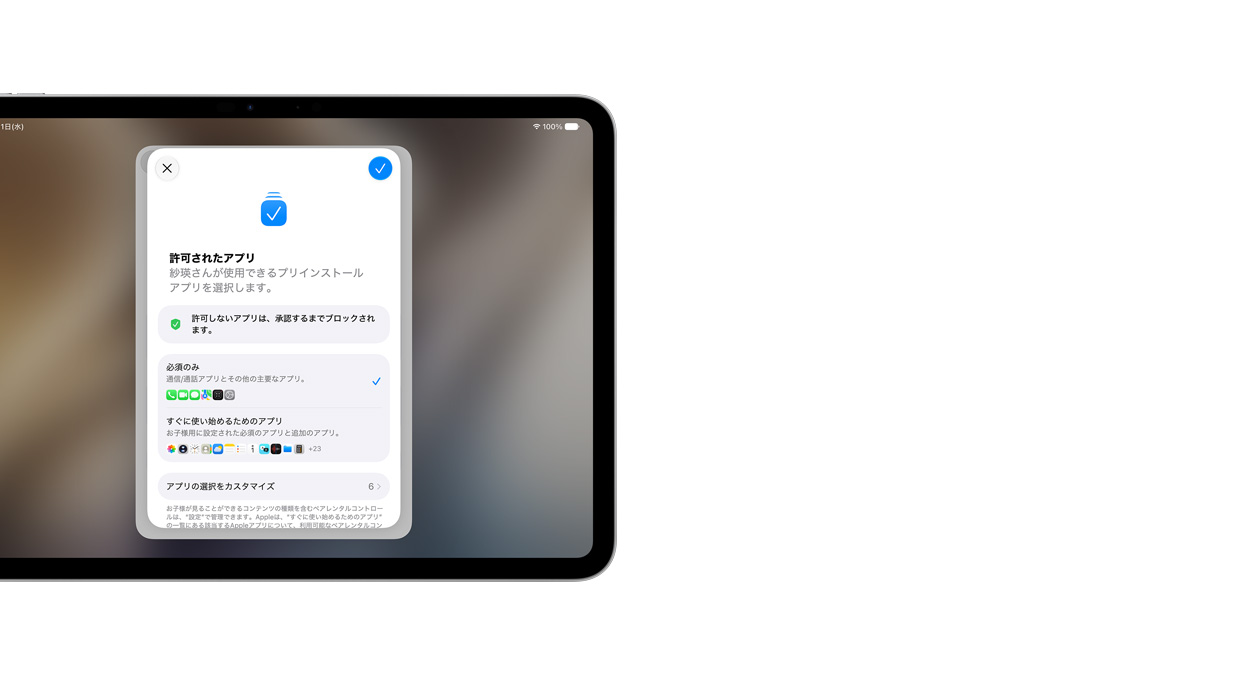 シルバーの11インチiPad Proの画面。保護者が子どものために選べる複数のアプリを示した設定アシスタントアプリが表示されている