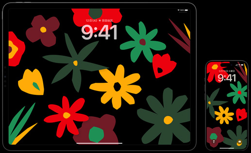 iPadとiPhoneの画像。様々な形の赤、黄、緑の花で彩られたユニティブルームの壁紙が画面に表示されている。