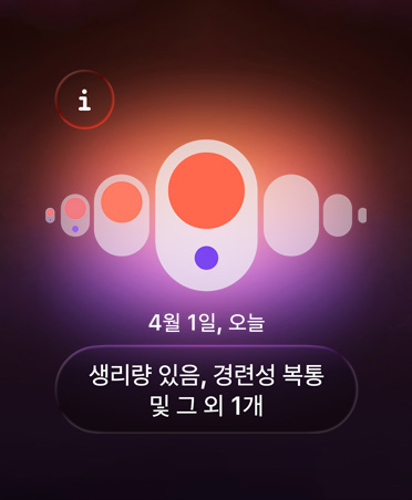 건강 앱의 생리 주기 추적, 주황색 점과 보라색 점으로 서로 다른 측정 증상을 알려주는 화면