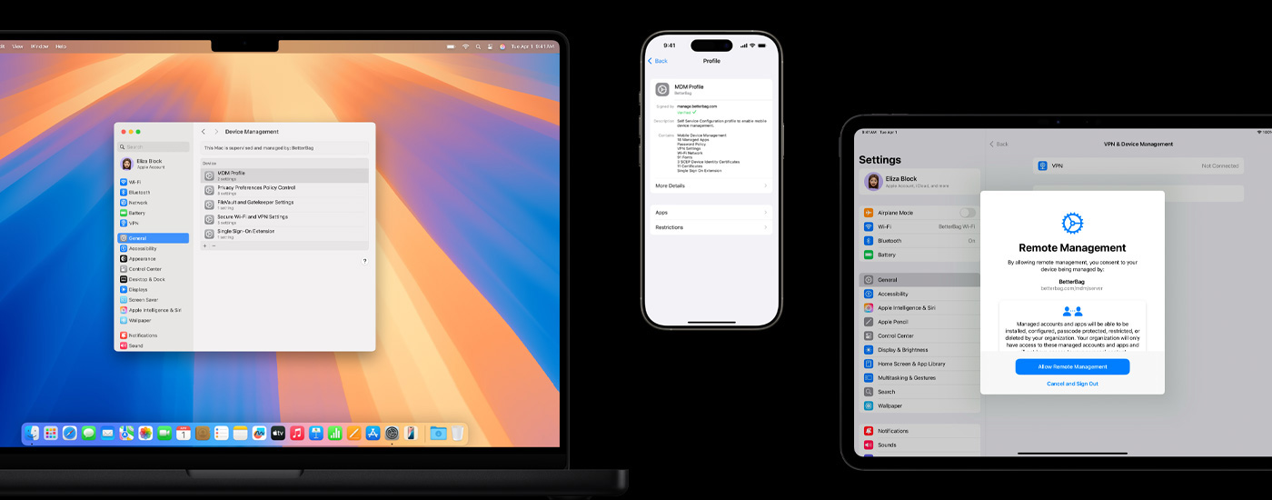 세 Apple 기기의 화면. 왼쪽에는 Mac 컴퓨터에 기기 관리 창이 표시되어 있습니다. 중앙에는 iPhone에 MDM(모바일 기기 관리) 프로파일 설정이 표시되어 있습니다. 오른쪽에는 iPad에 원격 관리 창이 표시되어 있습니다.