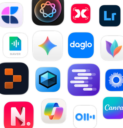 MindNode, Adobe Lightroom, LM Studio, Google Gemini 등 AI 앱 아이콘 모음