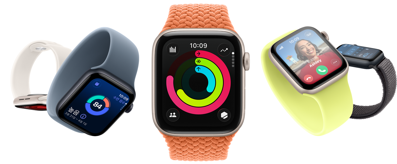 다양한 방향으로 놓인 Apple Watch SE 3