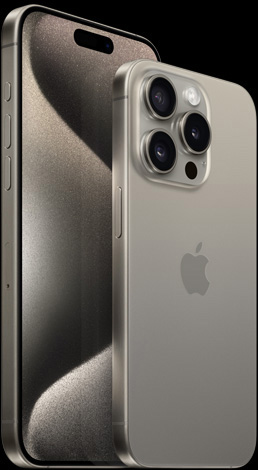 내추럴 티타늄 색상 17.0cm iPhone 15 Pro Max의 앞면과 내추럴 티타늄 색상 15.5cm iPhone 15 Pro의 뒷면