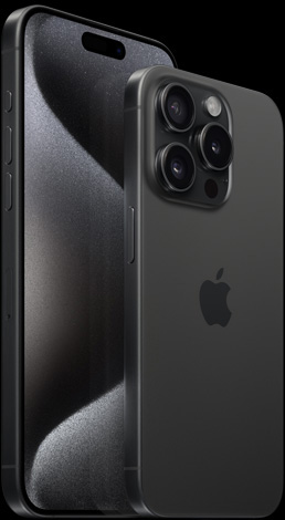 블랙 티타늄 색상 17.0cm iPhone 15 Pro Max의 앞면과 블랙 티타늄 색상 15.5cm iPhone 15 Pro의 뒷면