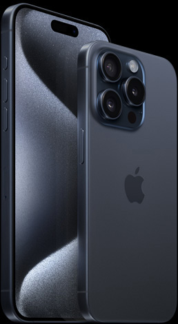 블루 티타늄 색상 17.0cm iPhone 15 Pro Max의 앞면과 블루 티타늄 색상 15.5cm iPhone 15 Pro의 뒷면