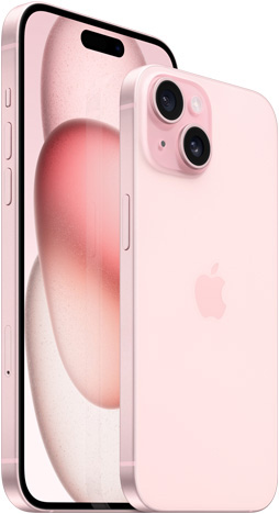 핑크 색상 17.0cm iPhone 15 Plus의 앞모습과 15.5cm iPhone 15의 뒷모습.