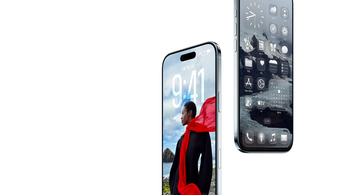 앞면, 옆면, 얇은 두께, 역동적인 잠금 화면, Liquid Glass 앱들이 보이는 홈 화면을 보여주는 iPhone Air 두 대