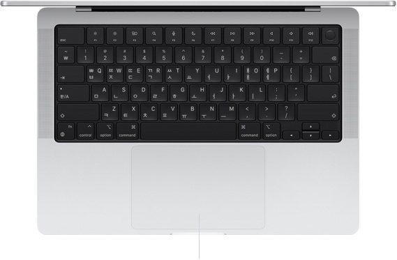 키보드와 그 아래의 Force Touch 트랙패드가 보이도록, MacBook Pro 14를 열어놓고 위에서 내려다본 모습