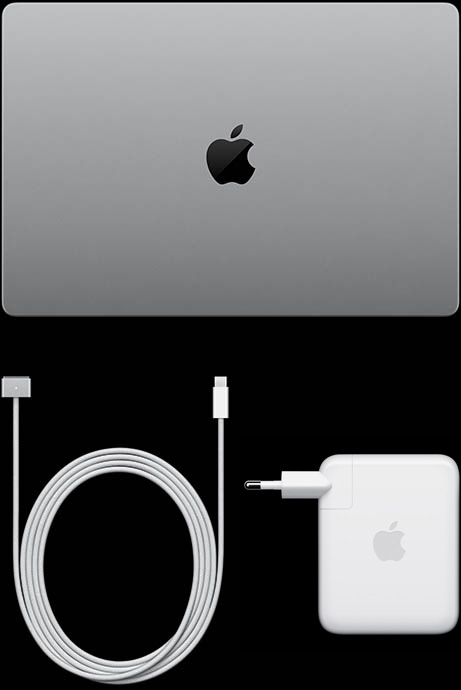 PROLED XDR 디스플레이 탑재 MacBook Pro, 실버 색상, 상단, 닫혀 있는 상태, USB-C 충전 케이블 및 전원 어댑터
