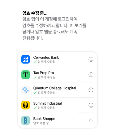 암호 앱이 암호를 검토하여 보안이 업그레이드된 암호인지 혹은 유출된 암호인지 표시해 줍니다.