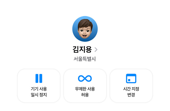 부모를 위한 설정 앱의 기기 사용 일시 정지, 무제한 사용 허용, 시간 지정 변경 옵션이 표시된 모습