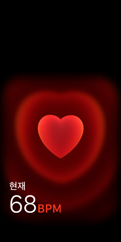 심박수 앱에 현재 BPM이 표시되어 있는 모습.