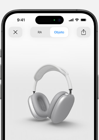 Image shows Silver AirPods Max in Augmented Reality screen on iPhone.