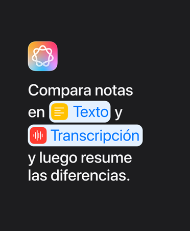 La pantalla de un iPad Pro con el ícono de Apple Intelligence y una instrucción: 'Compara notas en Texto y Transcripción y luego resume las diferencias.'