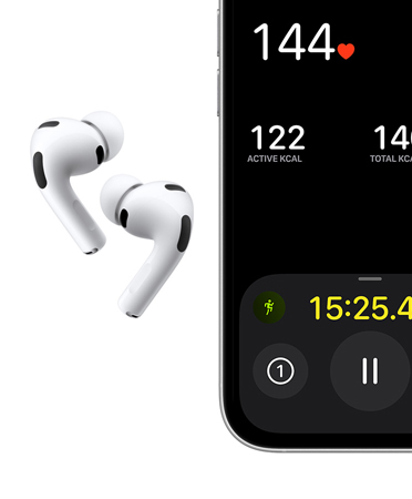 AirPods Pro 3, white color, earbuds, silicone tips, microphone, iPhone, Outdoor Run workout onscreen