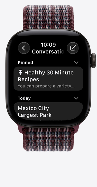 Apple Watch Series 12, aluminum case, black color, pinned conversations screen, Sport Loop band, burgundy plaid color