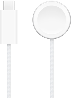 USB‑C įkroviklis šalia „Apple Watch“ magnetinio sparčiojo įkroviklio