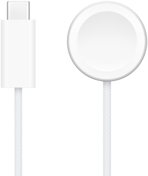 USB‑C įkroviklis šalia „Apple Watch“ magnetinio sparčiojo įkroviklio