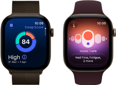 Du „Apple Watch Series 12“: tamsios bronzinės spalvos aliuminio korpusas, miego įvertinimo diagrama, „Digital Crown“ ir tamsios bronzinės spalvos „Milanese Loop“ apyranke; šviesaus aukso spalvos aliuminio korpusas, programa „Ciklo stebėjimas“ ir Burgundijos spalvos sportinis dirželis